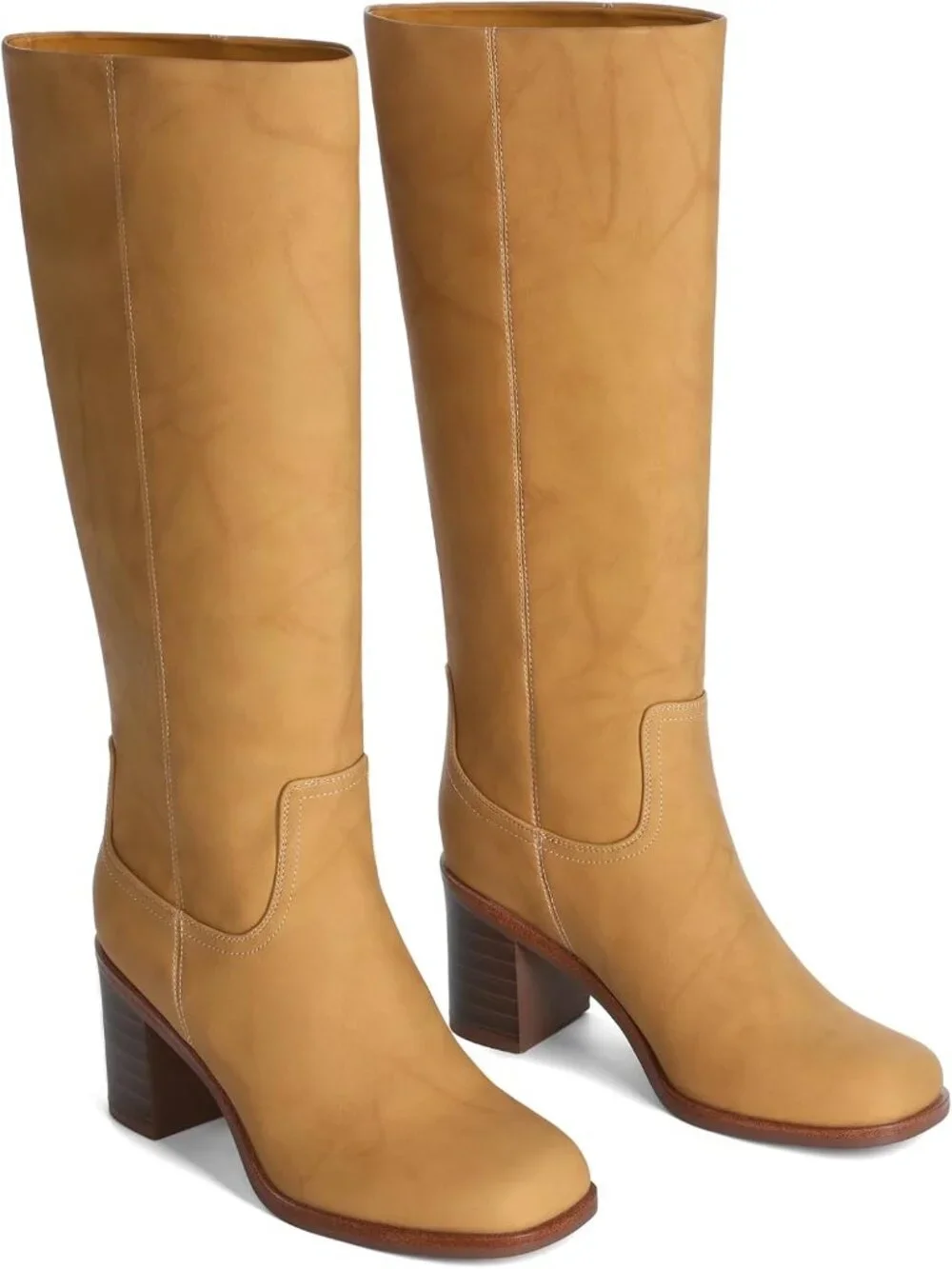 Women's Yellow Chunky Block Heel Square Toe Faux Leather Long Knee High Boots